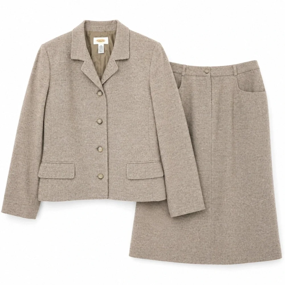 Vintage Talbots Wool Silk Skirt Jacket Suit Set 12 14 USA Career Secretary Tweed - Picture 1 of 9